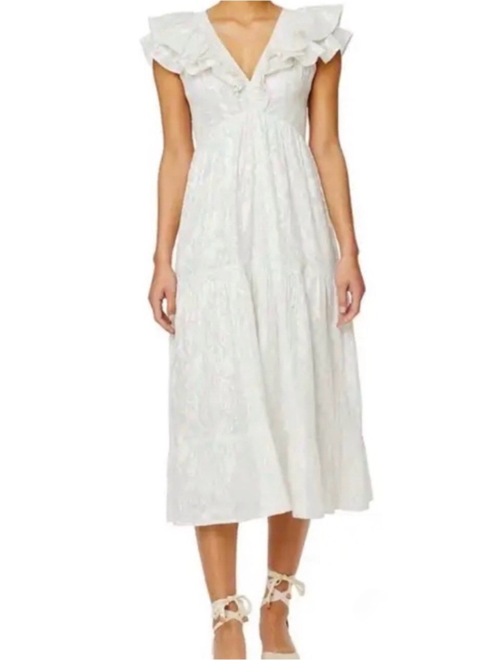 Roller Rabbit White Ruffled V-Neck Midi Dress